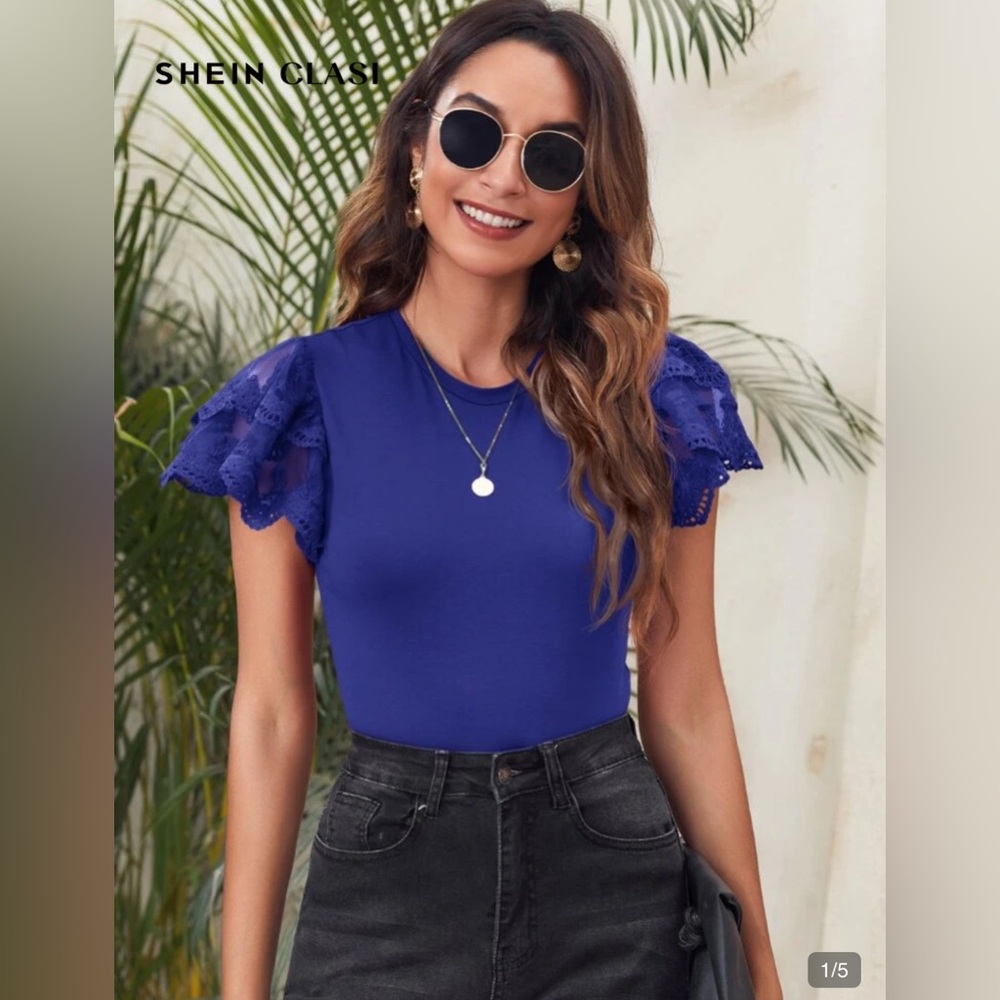 SHEIN Embroidery Mesh Butterfly Sleeve Form Fitted Top Size XL